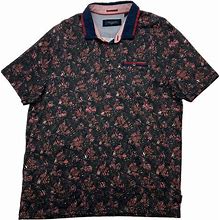 Ted Baker London Polo Shirt Mens 6 Navy Multi Leaf Printed Cotton Short Sleeve