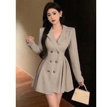 Lapel Collar Double-Breasted Long Sleeve Suit Dress,S