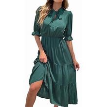 Mveomtd Womens Swing Dress Petite Dresses For Women Casual Long Sleeve Casual Summer Womens Bow Streamer Solid Color Dress