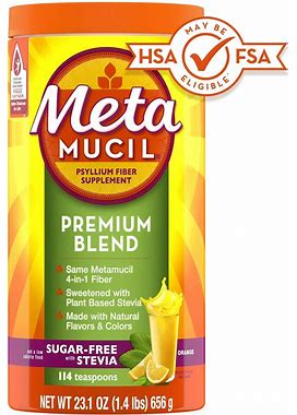 Metamucil 4-In-1 Psyllium Stevia Fiber Supplements Digestive Health Powder, Orange, 114 Tsp, Size: 23.1 Oz