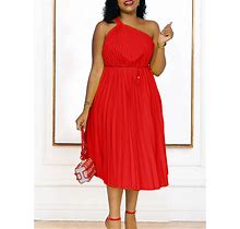 Styleladys Women's Off Shoulder A Line Pleated Midi Elegant Dress Red 2XL Spring And Summer Plain Sleeveless Wryshoulder Pullover
