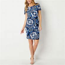 Robbie Bee Short Sleeve Puff Print Sheath Dress | Blue | Womens Small | Dresses Sheath Dresses | Spring Fashion