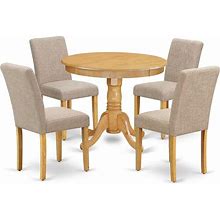 East West Furniture ANAB5-OAK-04 Antique 5 Piece Set For 4 Includes A Round Kitchen Table With Pedestal And 4 Light Tan Linen Fabric Parson Dining