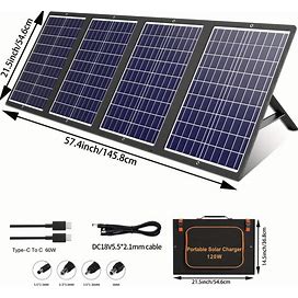 1Pc, 120W/18V Portable Solar Panel Kit With Stand Foldable Solar Panel Charger For Jackery Power Station, With Type-C 60W QC 3.0 USB Ports,Temu