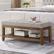 24KF Large Rectangular Upholstered Tufted Linen Fabric Ottoman Bench, Padded Bench With Solid Wood Shelf-Linen