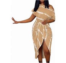 Vkekieo Summer Dress For Women Sun Dress Crew Neck Short Sleeve Striped Brown XL