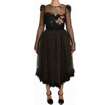 Dolce & Gabbana Dress Black Gold Crystal Heart A-Line It44 / Us10 / L