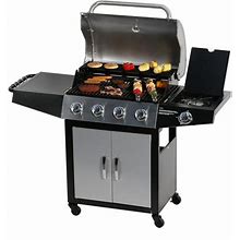 Gas Grill, BBQ 4-Burner Cabinet Style Grill Propane With Side Burner, Stainless Steel