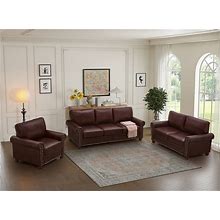 3-Piece Burgundy Sectional Sofa Set 3-Seat Storage Base Sofa Modern Faux Leather Loveseat Nailhead Armrest Chair For Living Room