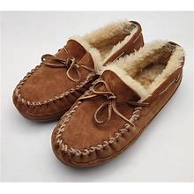 L.L. Bean Mens Wicked Good Shearling Lined Moccasins Brown Leather Size 8.0 Wide