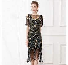 Levmjia Party Evening Maxi Dress For Ladies Petite 1920 Vintage Sequin Dress, Studded Tassel Dress, High-End Banquet Round Neck Dress, Short Sleeved R