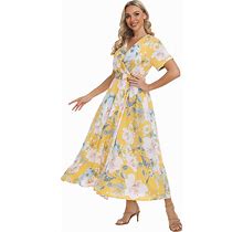 Vintageclothing Women's Summer Dresses 2023 Floral Printed Wrap V Neck Short Sleeve Split Long Beach Party Maxi Dress