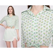 70S Cherry Print Mint Green Crop Top Small | Vintage Button Up Collared 3/4 Sleeve Cropped Disco Blouse