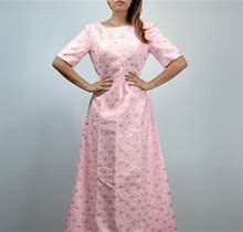 Vintage Pastel Pink Dress, Vintage Floral Print Metallic Maxi Dress - Medium To Large M L