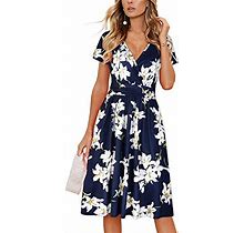 OUGES Womens Summer Dress Casual Dresses For Women Short Sleeve V-Neck Pattern Knee Length Dress With Pockets Spring Dresses 2024(Floral01,M)