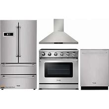 Thor Kitchen 4-Piece Appliance Package - 36-Inch Electric Range, Refrigerator, Wall Mount Hood, And Dishwasher In Stainless Steel