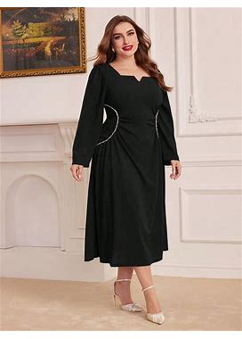 Plus Size Ladies' Solid Color Long Sleeve Waist Pleated Faux Pearl Decorated Long Elegant Dress,1XL