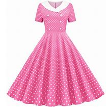Efsteb Summer Dresses For Women V-Neck Party Dress Trendy Loose Polka Dot Print Short Sleeve Dress Casual Swing Dress Clearance Pink L