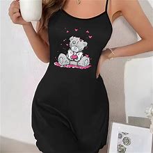 Animals Print Heart Round Neck Backless Mini Dress, Women's Heart Print Slip Sleep Dresses Teddy Bear,Black,Handpicked,Temu