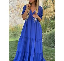 Women's Casual Dress Swing Dress Summer Dress Long Dress Maxi Dress Ruffle Date Streetwear Maxi V Neck Short Sleeve Black Blue Fuchsia Color