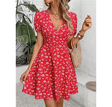 Allover Floral Print Plunge Neck Puff Sleeve Dress,M