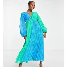 ASOS DESIGN Petite Textured Twist Front Pleated Midi Dress In Green And Blue Color Block-Multi - Multi (Size: 00)