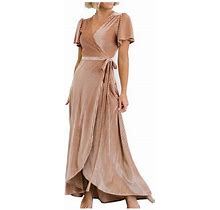 Ernkv Clearance Maxi Dress Party Formal For Women Solid Color Short Sleeve V Neck Dress Bandage Elegant Elastic Retro Holiday Beach Trendy Clothing Su