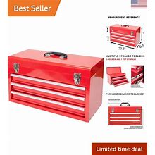Red Steel Tool Box With 3 Drawers & Metal Latch Closure - Portable Storage, 20