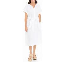 Wonderly Women's Tie Waist Button Front Midi Dress, White, Medium, Cotton
