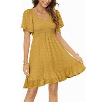 Zattcas Womens 2024 Summer Smocked Dress Short Flutter Sleeve V Neck Swiss Dot Babydoll Ruffle Tiered Mini Dress