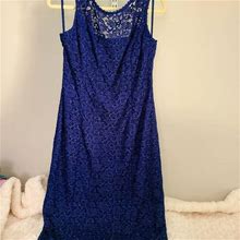White House Black Market Dresses | Whbm Dark Blue Lace, Scoop Back, Tea Length, Fitted Dress. Size 8 | Color: Blue | Size: 8