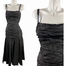 1980S Gunne Sax Black Moire Ruched Taffeta Drop Waist Prom Dress Sequins Sz 11Vintage