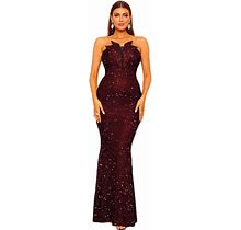 Lin Lin Q Womens Formal Sequin Contrast Mesh Mermaid Prom Maxi Dress, Bodycon Off Shoulder Evening Ball Gown