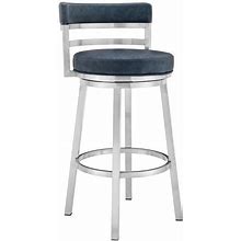 Armen Living Madrid 26" Faux Leather Swivel Counter Stool In Blue/Steel, Bar Stools