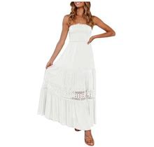 Ussuma Beach Dresses For Women Casual Summer Smocked Tube Top Lae Swing Flowy Long Maxi Sun Dress Solid Sleeveless Plus Sundresses V Neck Vacation Dre