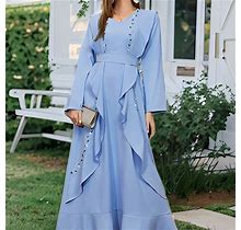 Rhinestone Decor Ruffle Trim Kaftan Abayas, Elegant Belted Long Sleeve Maxi Length Dress, Women's Clothing,Blue,Reliable,Temu