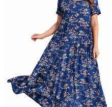 Floral Print Draped Dress, Women's Elegant Spring Summer Women's Clothing Short Sleeve Dress,Navy Blue,Must-Have,Temu