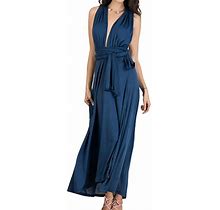 Persun Womens Plunge Tied Waist Cross Back Ruched Maxi Dress Navy Snavysmall
