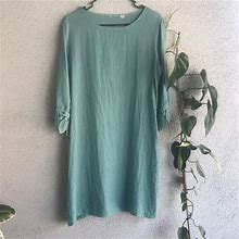 Linen Dress | Green Boho Quarter Sleeve Dress | Color: Green | Size: M