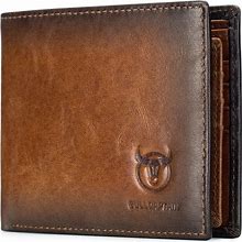 BULLCAPTAIN RFID Wallets For Men Slim Bifold Genuine Leather Front Pocket Wallet With 2 ID Windows QB-05 (Brown)