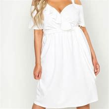White Belted Ruffle Midi Dress | Color: White | Size: 14