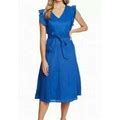 Cece Women's Moonlight Blue Linen Tie-Waist V-Neck Midi Dress $139