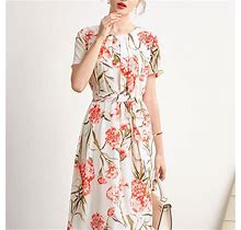 Women's Pure Silk Elegant Floral 100% Summer Luxury A-Line Midi Dress With Belt