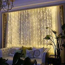 Barokee Led Curtain String Lights With Remote For Bedroom, 8 Modes USB Powered Hanging Twinkle Curtain Fairy Lights For Window Wall Party Wedding Christmas Decorations, Warm White