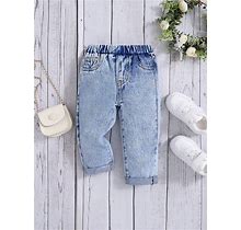 Baby Girl's Snowflake Washed Elastic Waistband Denim Pants For Casual And Comfortable wear,18-24m