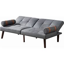 TATEUS Linen Fabric Minimalist Sofa Bed Futon With Solid Wood Legs, Grey, Sofabeds