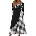 Don't Miss! Gomind Summer Dresses For Women 2024 Women's Fashion Plaid Stitching Button Pockets Pile Neck Long Sleeve Dress Black L