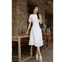 Linen Loose Dress In Bellow THE KNEE Length With Short Sleeve / Soft Linen Basic Dress In White / Available In 50 Colors