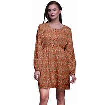 Bimba Orange Leaves & Flowerpecker Bird Printed Relaxed Fit Women Long Sleeve Button Down Midi Dress-XX-Large