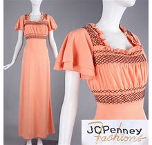 Jcpenney Dresses | M Vintage 60S 70S Peach Smocked Prairie Maxi Dress | Color: Brown/Orange | Size: M